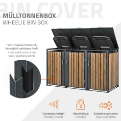 Mülltonnenbox 3er bis 240L 200x80x116,3 cm aus Stahl in Eichenoptik ML-Design