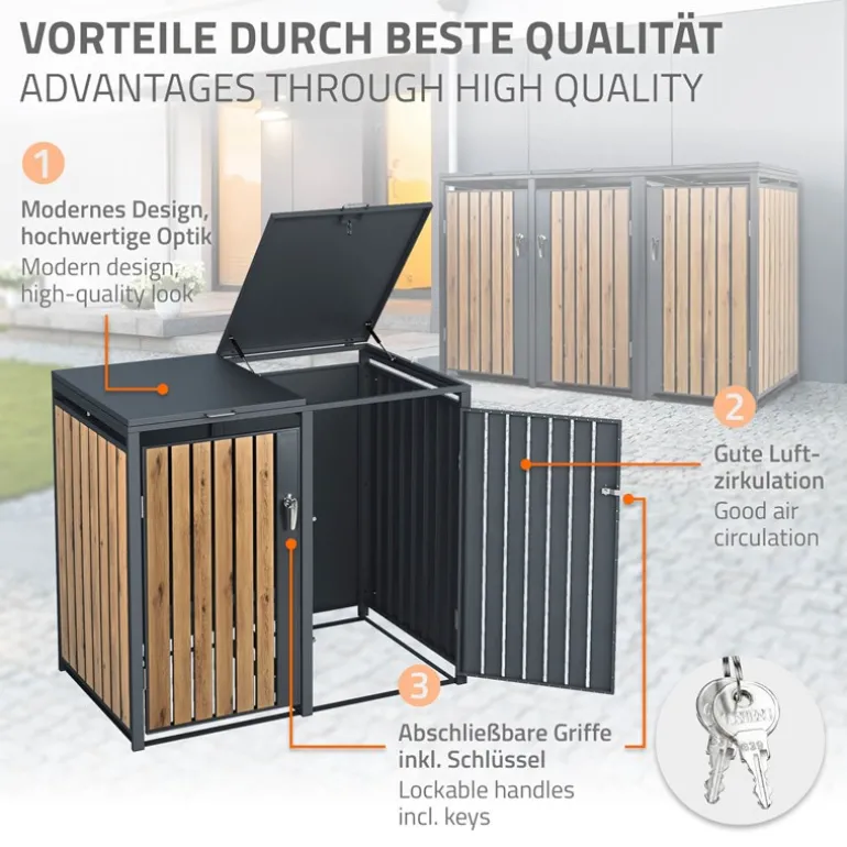 Mülltonnenbox 3er bis 240L 200x80x116,3 cm aus Stahl in Eichenoptik ML-Design