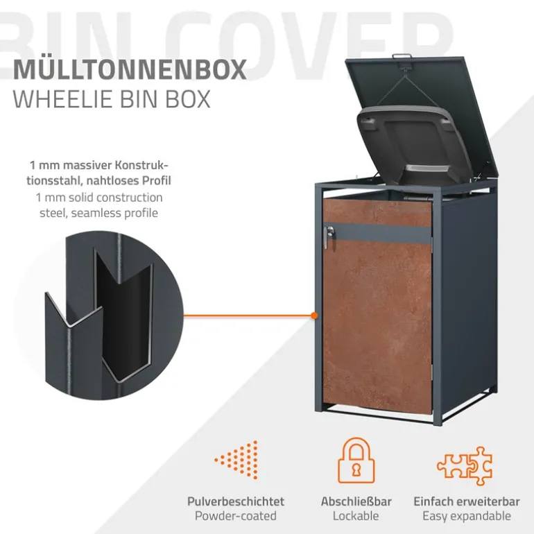 Mülltonnenbox 3er bis 240L 200x80x116,3 cm aus Stahl in Rostoptik ML-Design