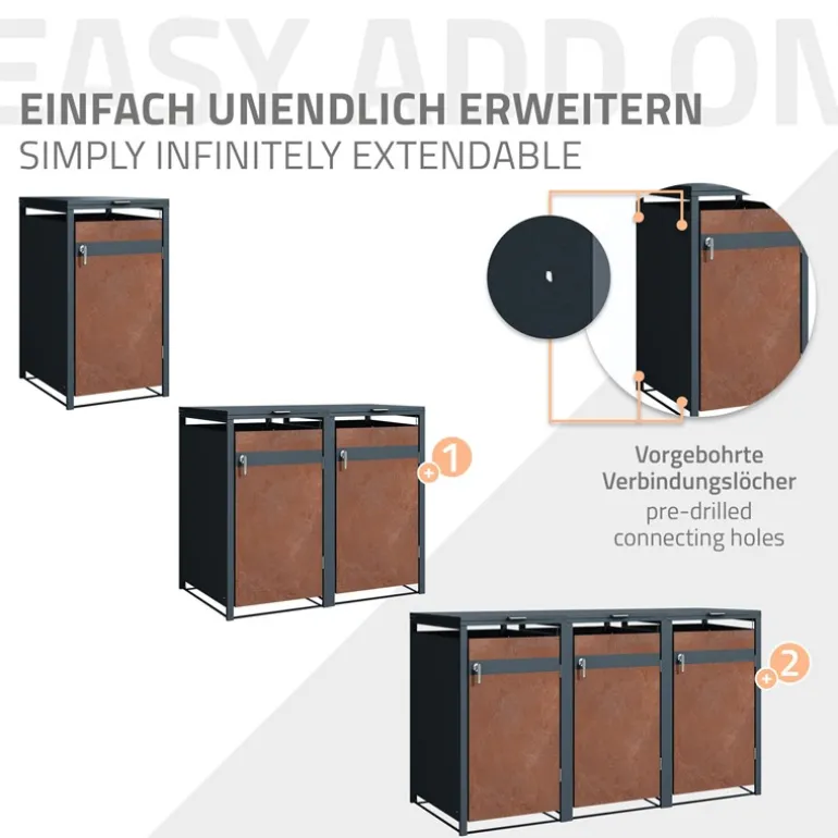 Mülltonnenbox 3er bis 240L 200x80x116,3 cm aus Stahl in Rostoptik ML-Design