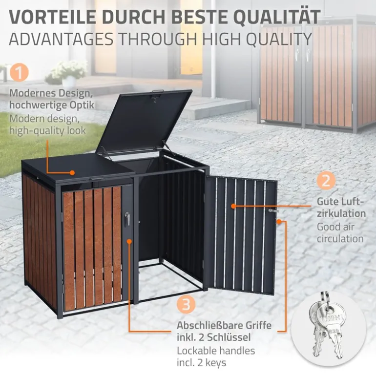 Mülltonnenbox 3er bis 240L 200x80x116,3 cm aus Stahl in Rostoptik ML-Design