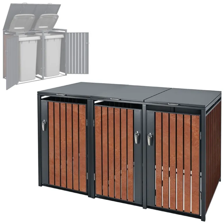 Mülltonnenbox 3er bis 240L 200x80x116,3 cm aus Stahl in Rostoptik ML-Design