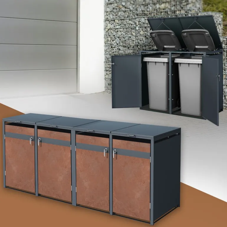 Mülltonnenbox 4er bis 240L 264x80x116,3 cm aus Stahl in Rostoptik ML-Design