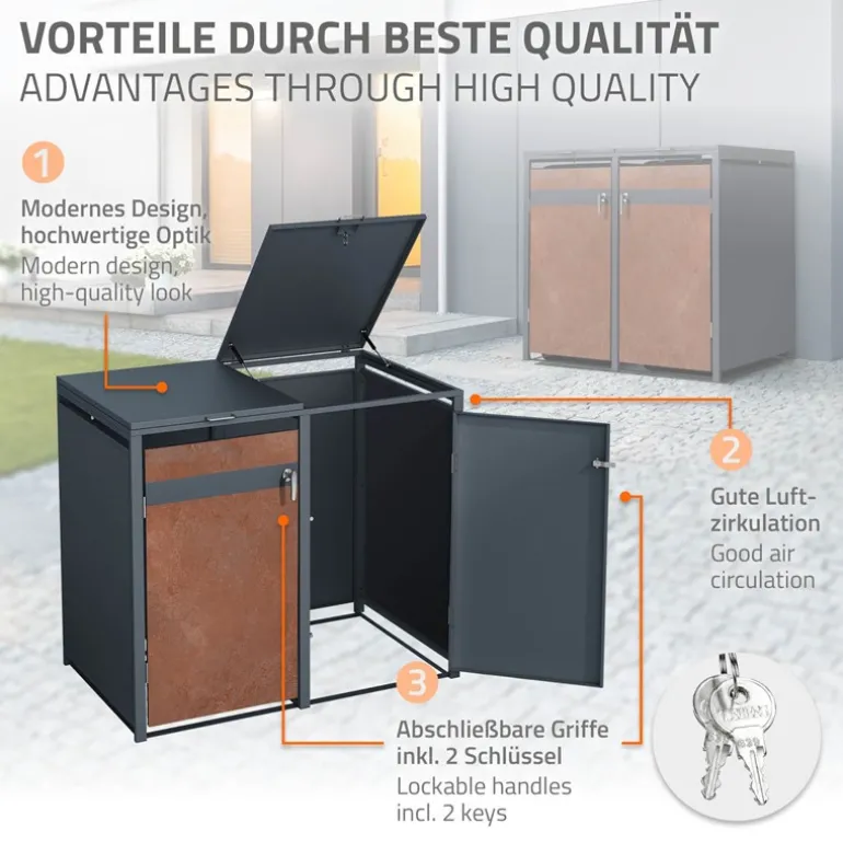 Mülltonnenbox 4er bis 240L 264x80x116,3 cm aus Stahl in Rostoptik ML-Design