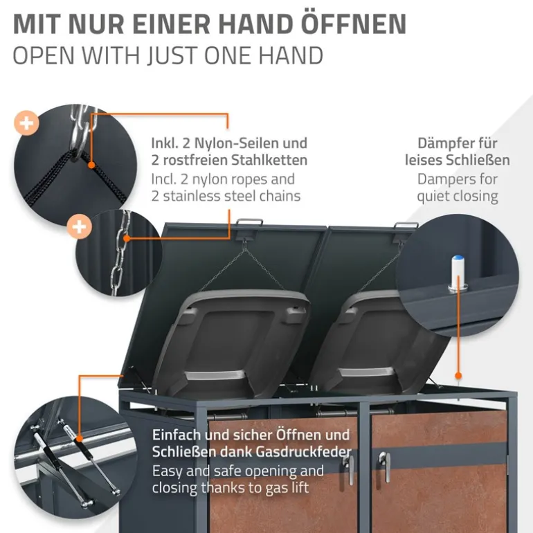 Mülltonnenbox 4er bis 240L 264x80x116,3 cm aus Stahl in Rostoptik ML-Design