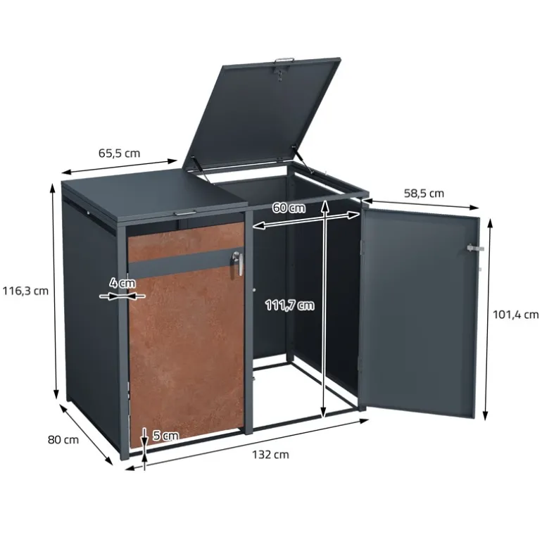 Mülltonnenbox 4er bis 240L 264x80x116,3 cm aus Stahl in Rostoptik ML-Design