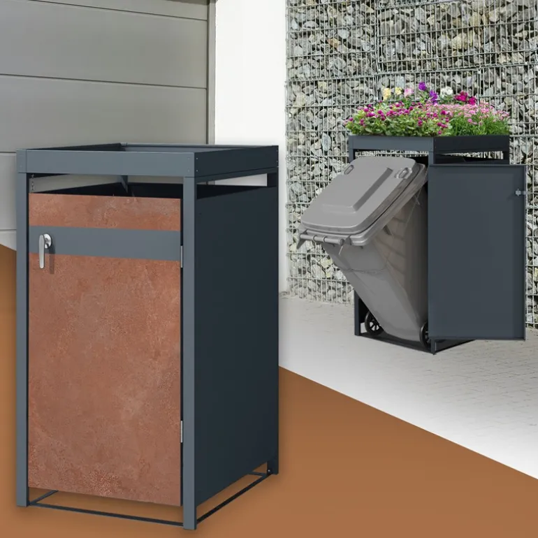 Mülltonnenbox mit Pflanzdach 1er bis 240L 68x80x124 cm aus Stahl in Rostoptik ML-Design
