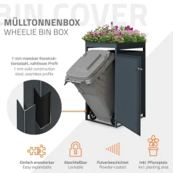 Mülltonnenbox mit Pflanzdach 1er bis 240L 68x80x124 cm aus Stahl in Rostoptik ML-Design