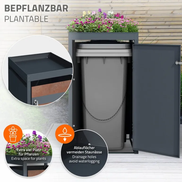 Mülltonnenbox mit Pflanzdach 1er bis 240L 68x80x124 cm aus Stahl in Rostoptik ML-Design