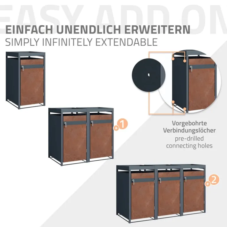 Mülltonnenbox mit Pflanzdach 1er bis 240L 68x80x124 cm aus Stahl in Rostoptik ML-Design