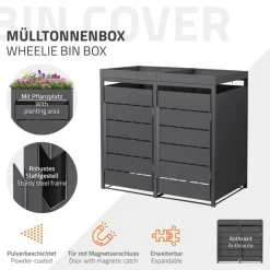 Mülltonnenbox mit Pflanzdach 2er bis 240 Liter 132x80x124 cm aus Stahl in Anthrazit ML-Design