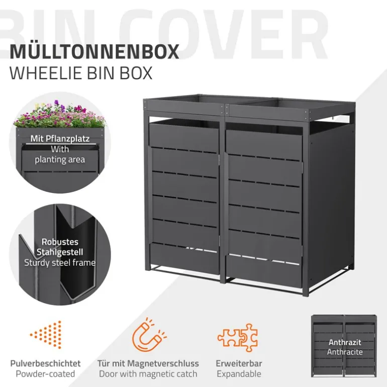 Mülltonnenbox mit Pflanzdach 2er bis 240 Liter 132x80x124 cm aus Stahl in Anthrazit ML-Design