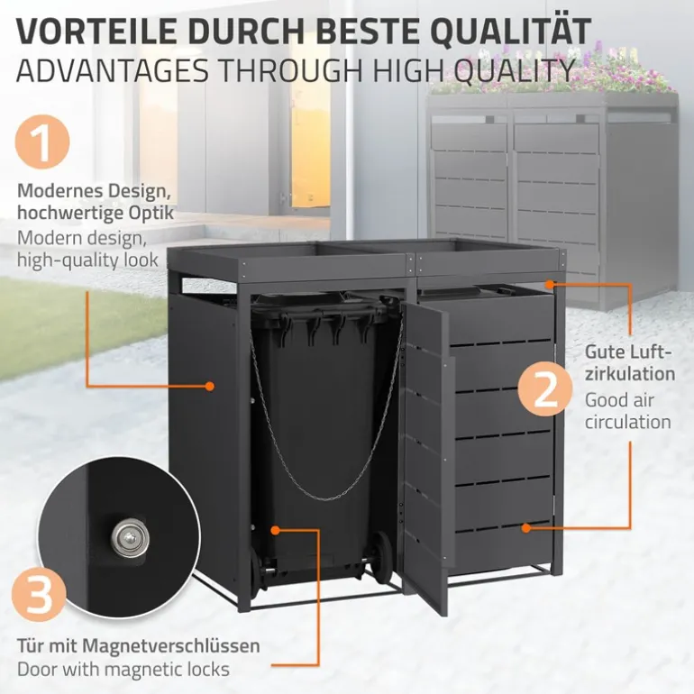 Mülltonnenbox mit Pflanzdach 2er bis 240 Liter 132x80x124 cm aus Stahl in Anthrazit ML-Design