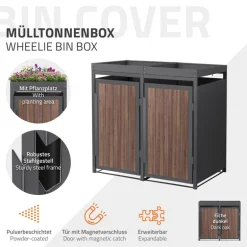 Mülltonnenbox mit Pflanzdach 2er bis 240 Liter 132x80x124 cm aus Stahl in Anthrazit-Eiche dunkel ML-Design