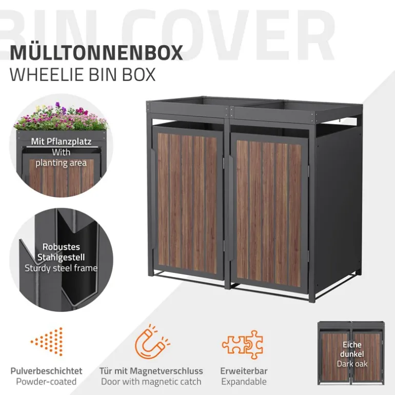 Mülltonnenbox mit Pflanzdach 2er bis 240 Liter 132x80x124 cm aus Stahl in Anthrazit-Eiche dunkel ML-Design