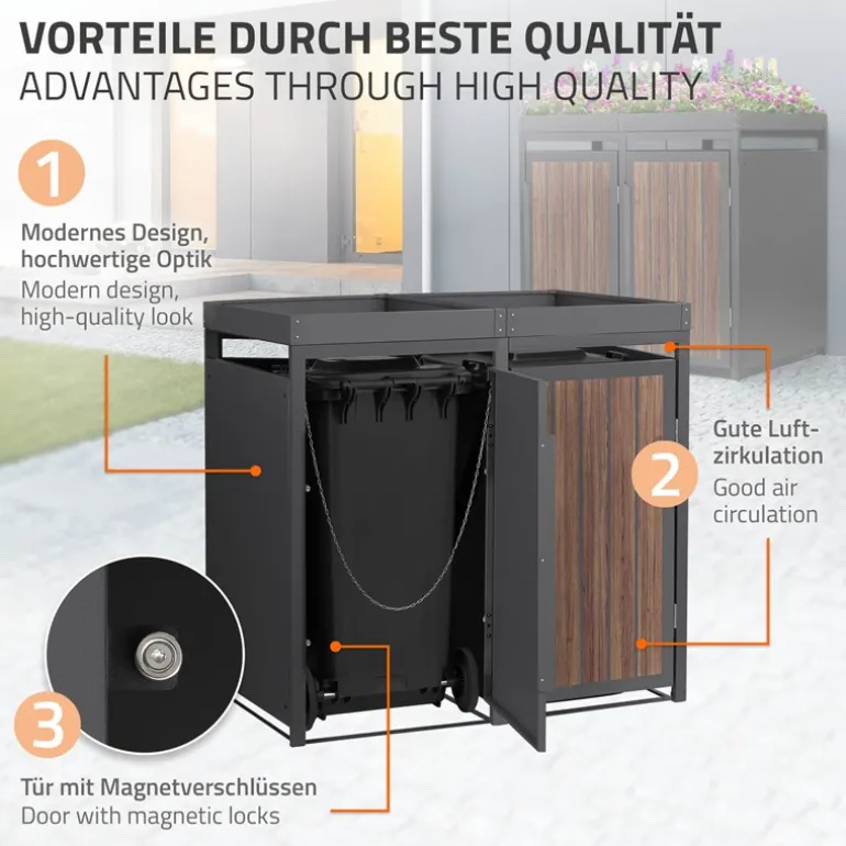 Mülltonnenbox mit Pflanzdach 2er bis 240 Liter 132x80x124 cm aus Stahl in Anthrazit-Eiche dunkel ML-Design