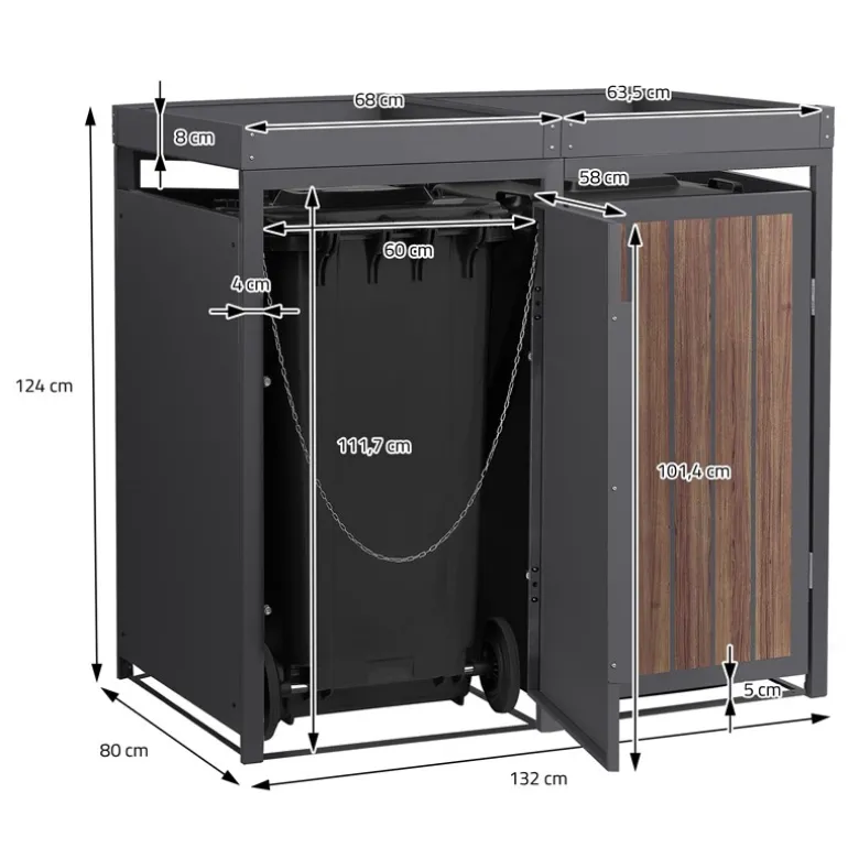 Mülltonnenbox mit Pflanzdach 2er bis 240 Liter 132x80x124 cm aus Stahl in Anthrazit-Eiche dunkel ML-Design