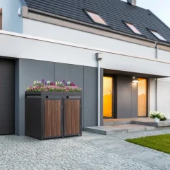 Mülltonnenbox mit Pflanzdach 2er bis 240 Liter 132x80x124 cm aus Stahl in Anthrazit-Eiche dunkel ML-Design