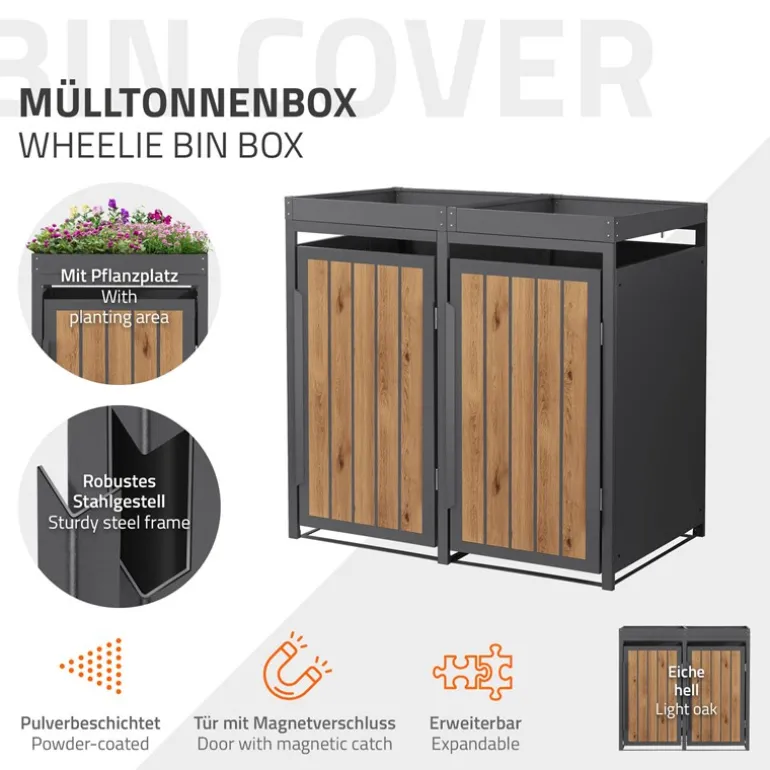 Mülltonnenbox mit Pflanzdach 2er bis 240 Liter 132x80x124 cm aus Stahl in Anthrazit-Holzoptik ML-Design