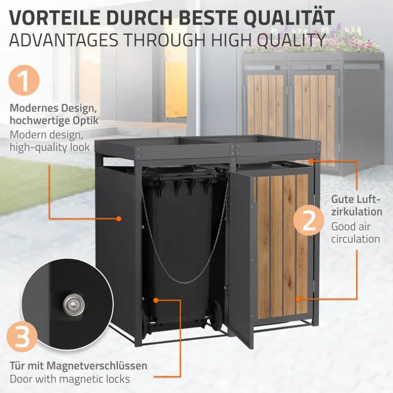 Mülltonnenbox mit Pflanzdach 2er bis 240 Liter 132x80x124 cm aus Stahl in Anthrazit-Holzoptik ML-Design