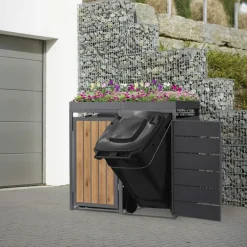 Mülltonnenbox mit Pflanzdach 2er bis 240 Liter 132x80x124 cm aus Stahl in Anthrazit-Holzoptik ML-Design
