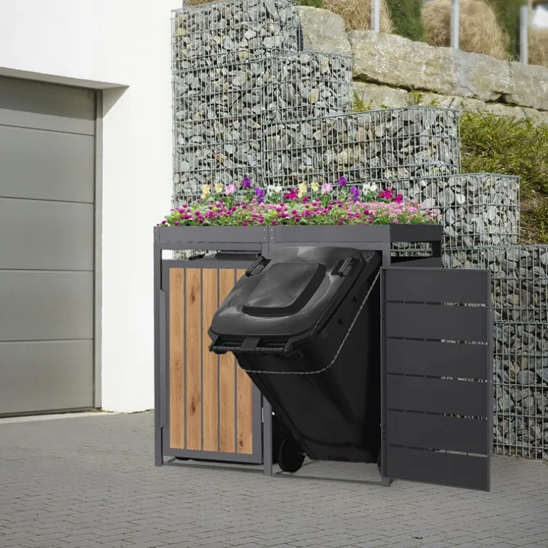 Mülltonnenbox mit Pflanzdach 2er bis 240 Liter 132x80x124 cm aus Stahl in Anthrazit-Holzoptik ML-Design