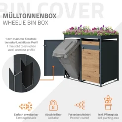 Mülltonnenbox mit Pflanzdach 2er bis 240L 132x80x124 cm aus Stahl in Eichenoptik ML-Design