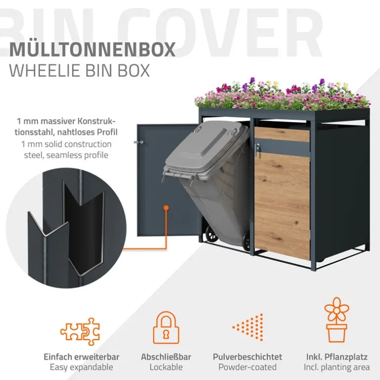 Mülltonnenbox mit Pflanzdach 2er bis 240L 132x80x124 cm aus Stahl in Eichenoptik ML-Design