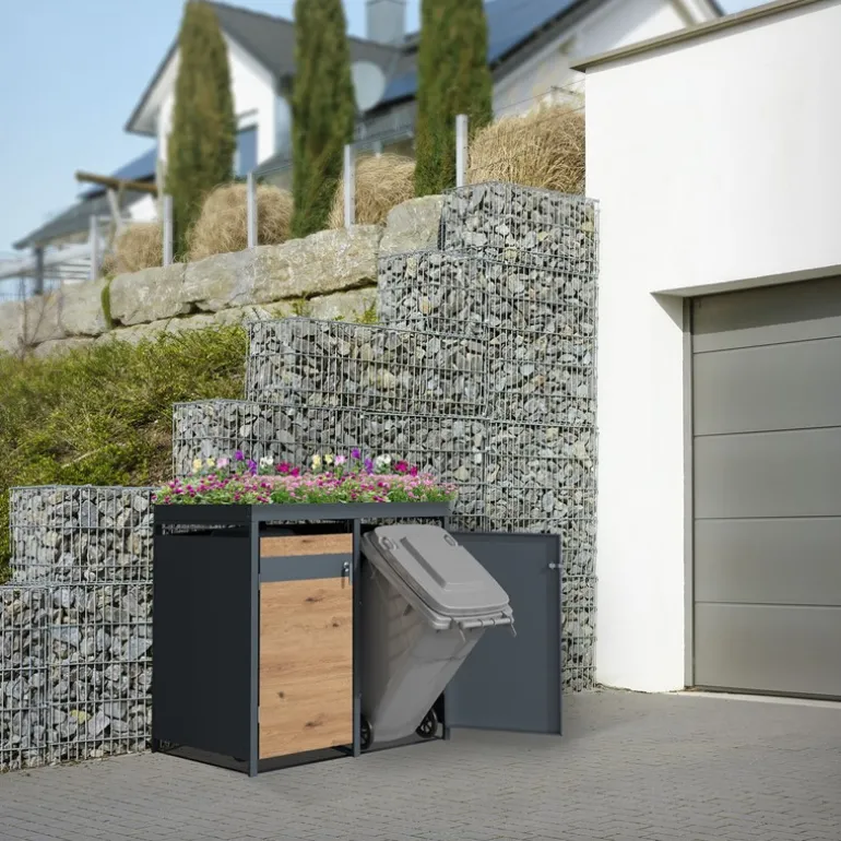 Mülltonnenbox mit Pflanzdach 2er bis 240L 132x80x124 cm aus Stahl in Eichenoptik ML-Design