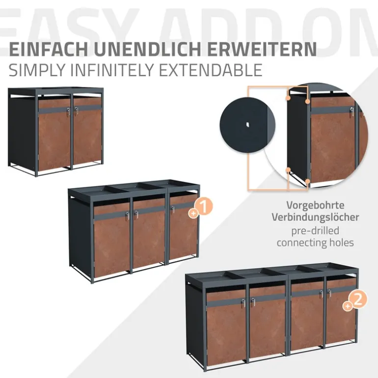 Mülltonnenbox mit Pflanzdach 2er bis 240L 132x80x124 cm aus Stahl in Rostoptik ML-Design