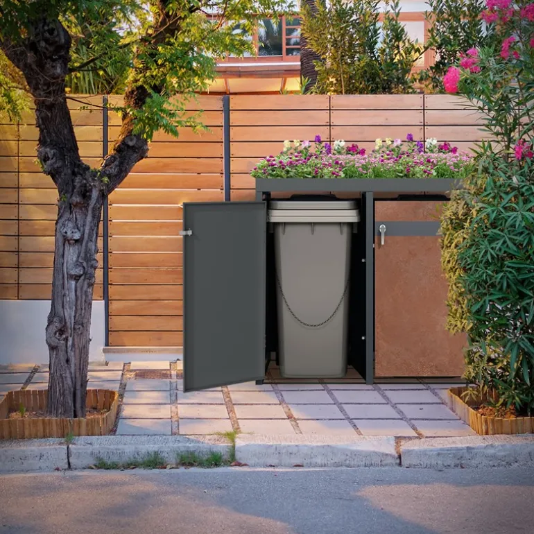 Mülltonnenbox mit Pflanzdach 2er bis 240L 132x80x124 cm aus Stahl in Rostoptik ML-Design