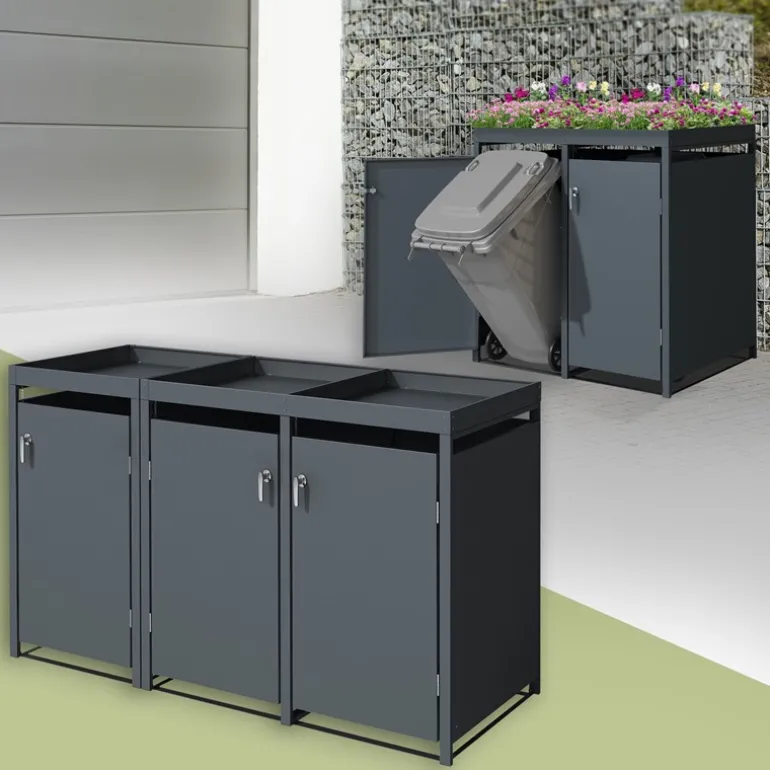 Mülltonnenbox mit Pflanzdach 3er bis 240L 200x80x124 cm aus Stahl in Anthrazit ML-Design