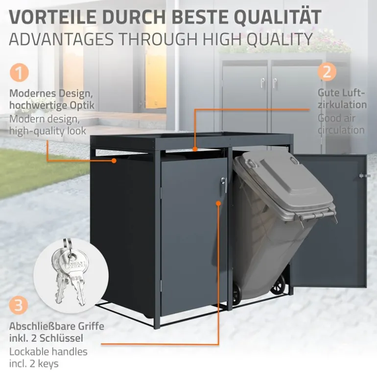 Mülltonnenbox mit Pflanzdach 3er bis 240L 200x80x124 cm aus Stahl in Anthrazit ML-Design