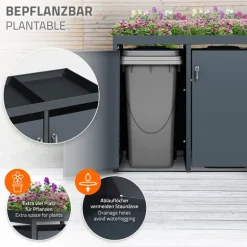 Mülltonnenbox mit Pflanzdach 3er bis 240L 200x80x124 cm aus Stahl in Anthrazit ML-Design