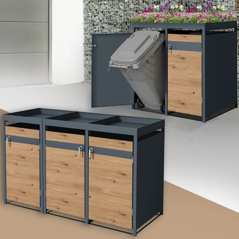 Mülltonnenbox mit Pflanzdach 3er bis 240L 200x80x124 cm aus Stahl in Eichenoptik ML-Design