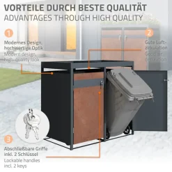 Mülltonnenbox mit Pflanzdach 3er bis 240L 200x80x124 cm aus Stahl in Rostoptik ML-Design