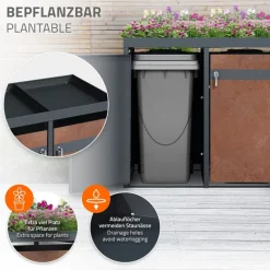 Mülltonnenbox mit Pflanzdach 3er bis 240L 200x80x124 cm aus Stahl in Rostoptik ML-Design