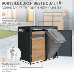 Mülltonnenbox mit Pflanzdach 4er bis 240L 264x80x124 cm aus Stahl in Eichenoptik ML-Design