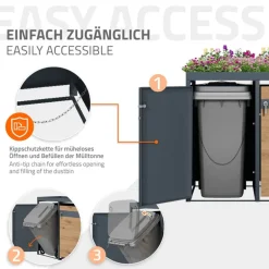 Mülltonnenbox mit Pflanzdach 4er bis 240L 264x80x124 cm aus Stahl in Eichenoptik ML-Design