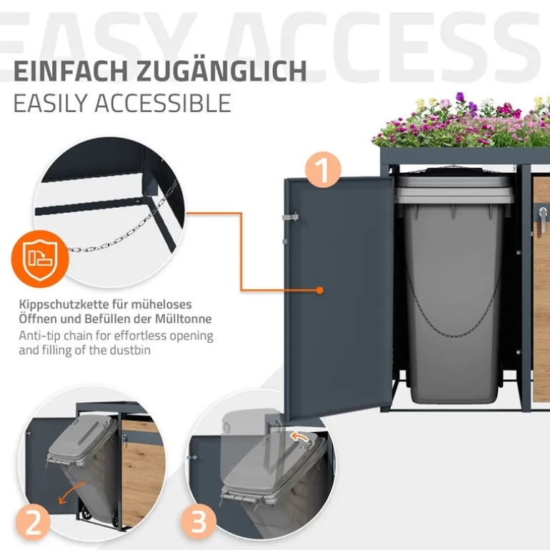 Mülltonnenbox mit Pflanzdach 4er bis 240L 264x80x124 cm aus Stahl in Eichenoptik ML-Design