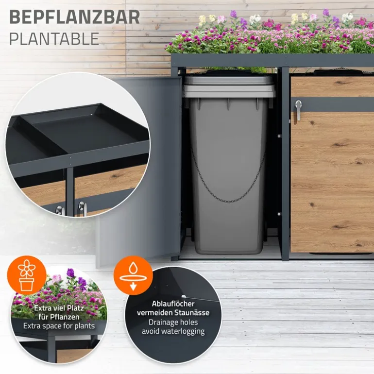 Mülltonnenbox mit Pflanzdach 4er bis 240L 264x80x124 cm aus Stahl in Eichenoptik ML-Design