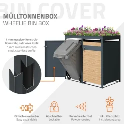 Mülltonnenbox mit Pflanzdach 4er bis 240L 264x80x124 cm aus Stahl in Lärchenoptik ML-Design