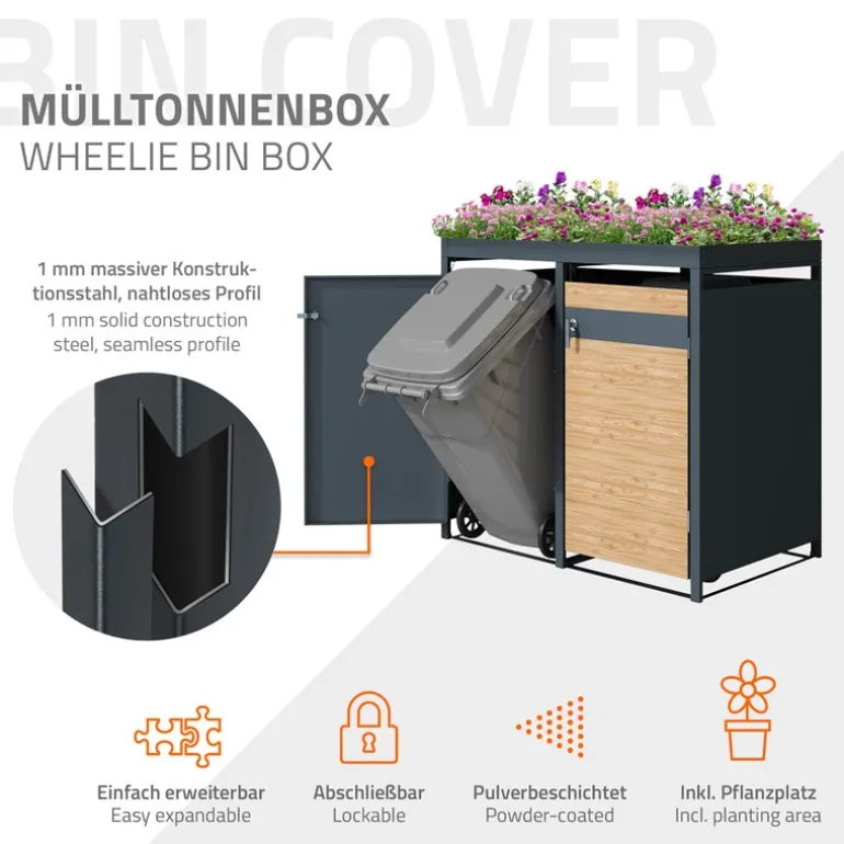 Mülltonnenbox mit Pflanzdach 4er bis 240L 264x80x124 cm aus Stahl in Lärchenoptik ML-Design