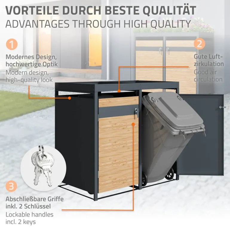 Mülltonnenbox mit Pflanzdach 4er bis 240L 264x80x124 cm aus Stahl in Lärchenoptik ML-Design
