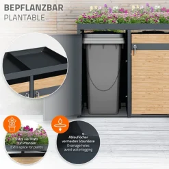 Mülltonnenbox mit Pflanzdach 4er bis 240L 264x80x124 cm aus Stahl in Lärchenoptik ML-Design