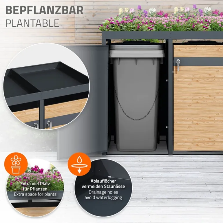 Mülltonnenbox mit Pflanzdach 4er bis 240L 264x80x124 cm aus Stahl in Lärchenoptik ML-Design