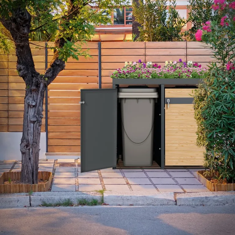 Mülltonnenbox mit Pflanzdach 4er bis 240L 264x80x124 cm aus Stahl in Lärchenoptik ML-Design