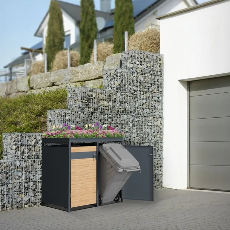Mülltonnenbox mit Pflanzdach 4er bis 240L 264x80x124 cm aus Stahl in Lärchenoptik ML-Design