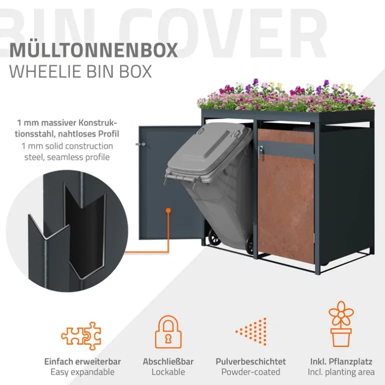 Mülltonnenbox mit Pflanzdach 4er bis 240L 264x80x124 cm aus Stahl in Rostoptik ML-Design