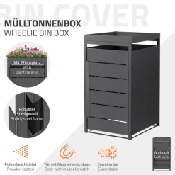 Mülltonnenbox mit Pflanzdach 1er bis 240 Liter 68x80x124 cm aus Stahl in Anthrazit ML-Design